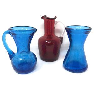 VTG Crackle Glass Mini Pitchers & Vase Hand Blown Art Glass Blue Red Lot of 3